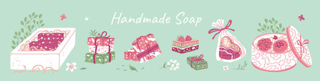 Handmade natural soap vector banner design, soap brick package box decorated with flowers, bow, bathing aroma cosmeticsのイラスト素材