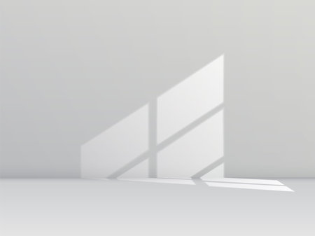 Shadow on wall, sun light from window, realistic overlay effect, window reflection soft shading vector background mockupのイラスト素材
