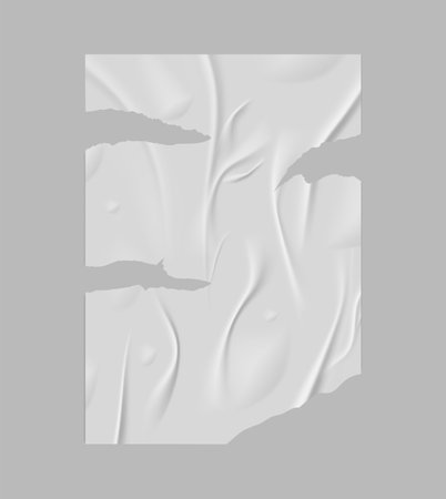 Paper wrinkled torn poster flyer, vector ripped glued white wet paper sheet, old blank template with crumpled textureのイラスト素材