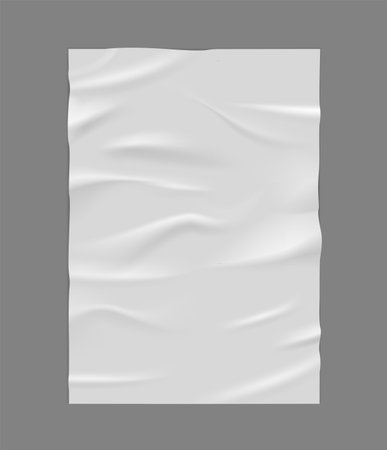 Paper wave wrinkled poster, vector realistic glued creased rectangle white sheet, wet crumpled vertical sticker blankのイラスト素材