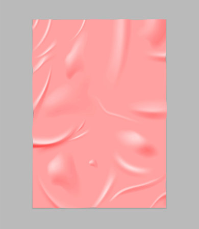 Paper wrinkled poster or flyer, glued creased rectangle pink sheet, vector realistic wet crumpled vertical paper blankのイラスト素材