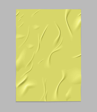 Paper wrinkled poster or flyer, glued creased rectangle yellow sheet, vector realistic wet crumpled vertical paper blankのイラスト素材