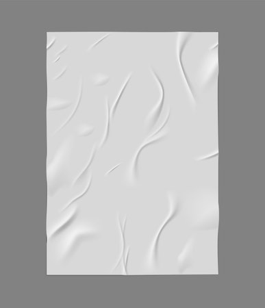Paper wrinkled poster, glued wrinkles rectangle white sheet, vector realistic crumpled vertical paper blank, wet stickerのイラスト素材