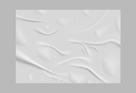 Paper wrinkled poster or flyer, glued wrinkles rectangle white sheet blank, vector horizontal wet crumpled paper sheetのイラスト素材