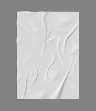 Paper wrinkled poster or flyer, vector realistic glued creased rectangle white sheet, wet crumpled vertical paper blankのイラスト素材