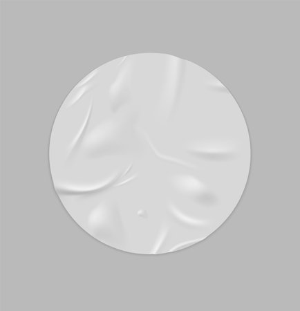 Glued wrinkles round white paper sticker vector realistic icon, circle label crumpled tape, empty adhesive uneven tagのイラスト素材