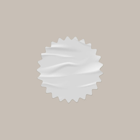 Glued wrinkles round white paper sticker, wavy edge, vector realistic circle label crumpled tape, adhesive creased tagのイラスト素材