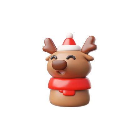Smiling 3d deer with a red scarf in a festive hat on a white backgroundのイラスト素材