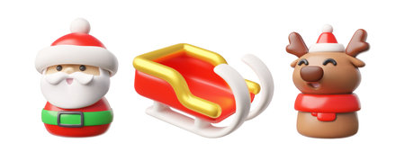 3D illustration of Santa Claus with a reindeer and snow sleigh on a white background.のイラスト素材