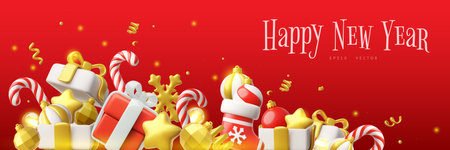 Happy New Year 3D plastic style vector banner design, festive volume symbols of Christmas holiday with golden confettiのイラスト素材