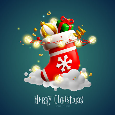 3d vector Santas sock in the snow with gifts, star, confetti and glowing garland.のイラスト素材