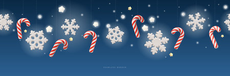 3d banner illustration with seamless top border of hanging snowflakes and candy cane.のイラスト素材