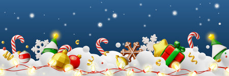 3d banner illustration with fir tree, toys, gingerbread, lollipops in snow with glowing garland.のイラスト素材