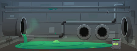Sewage, sewer drainage pipes system, vector cartoon industrial urban canalization pipeline with dripping toxic liquidのイラスト素材