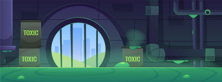 The sewer vector with green liquid and barrels of toxic waste Includes barrelsのイラスト素材