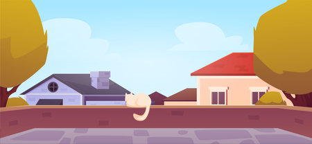 Rooftop view on autumn village houses and trees, vector country dwelling terrace on roof with sitting cat in sunny dayのイラスト素材