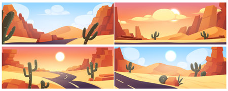 Desert landscape with golden sand dunes, mountains, cactus plant and road, cartoon hot sun dry African nature vector setのイラスト素材