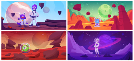 Illustration of a set of different alien characters in spacesuits on an alien bright landscape.のイラスト素材