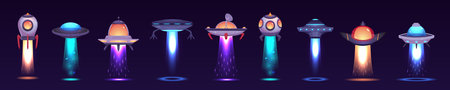 A vector collection of soaring spaceships with a futuristic design and bright engine lightsのイラスト素材