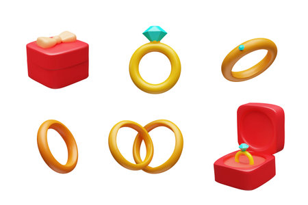 A 3D image of a luxurious set of gold rings with precious stones.のイラスト素材