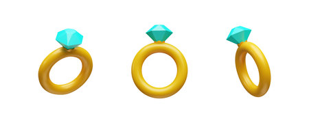 3d illustration of a set with the image of a jewelry gold ring with a stone from different sides.のイラスト素材