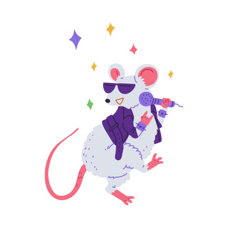 Cartoon Rock star mouse singing to microphone and dancing, vector cute rat song performance, show the rock sign with pawのイラスト素材