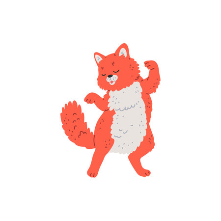 Cute fluffy ginger cat dancing, vector cartoon funny kitten have fun on disco party, music pet animal entertainmentのイラスト素材