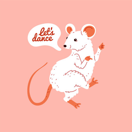 Cute mouse dancing, vector cartoon funny pet mammal have fun on disco party, music rat animal entertainment, Lets danceのイラスト素材