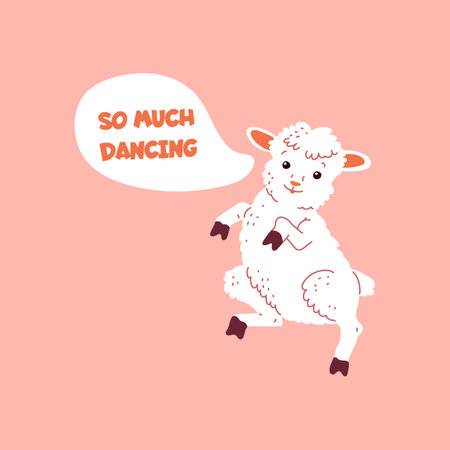 Vector illustration with a curly-haired white sheep dancing joyfully on a pink backgroundのイラスト素材