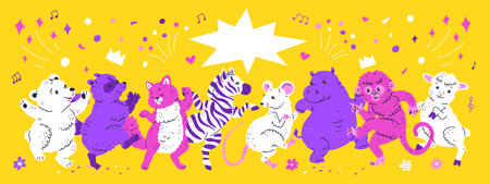 Cute happy animals dancing together, vector cartoon funny sheep and cat, zebra raccoon, hippopotamus and mouse have funのイラスト素材