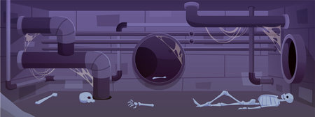 Vector illustration of abandoned sewer with a human skeleton on a dirty cobweb-covered backgroundのイラスト素材