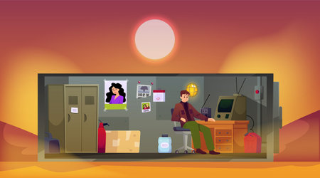 Bunker with man in lifeless desert area, vector cartoon shelter room with hopper door, retro walkie talkie and computerのイラスト素材