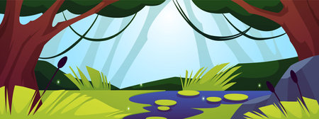 Vector illustration of a morning landscape with a magical swamp with bright greenery,のイラスト素材