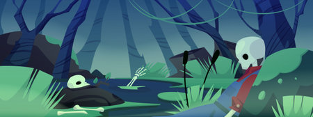 Illustration of a swamp with a skeleton, skull and bones. Background for the game interface.のイラスト素材
