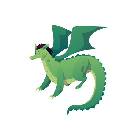 Cartoon cute green dragon with wings, funny fantasy smile monster vector character, fairy tale mythical reptile creatureのイラスト素材