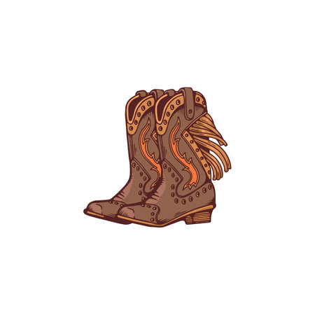 Wild west cowgirl or cowboy decorated boots, vector brown leather shoes vintage style, retro western rancher footwearのイラスト素材