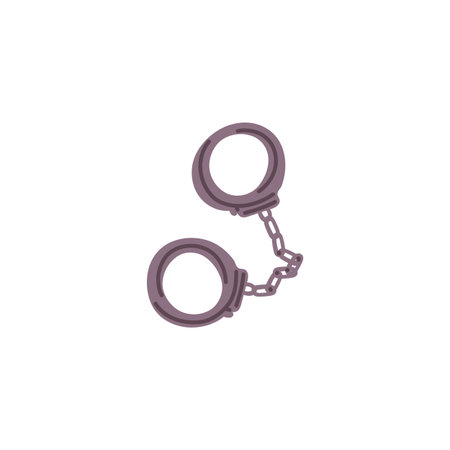 Handcuffs with chain link vector icon, cartoon police law gear, justice handcuff, prison criminal...