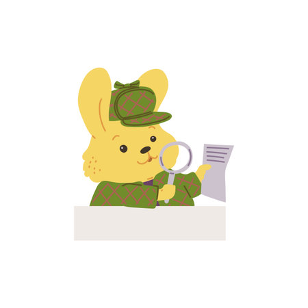 Vector illustration animal detective in a hat with a magnifying glass in search of clues.のイラスト素材