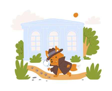 Illustration of a fox detective walking with a magnifying glass in his hands on the tracks.のイラスト素材