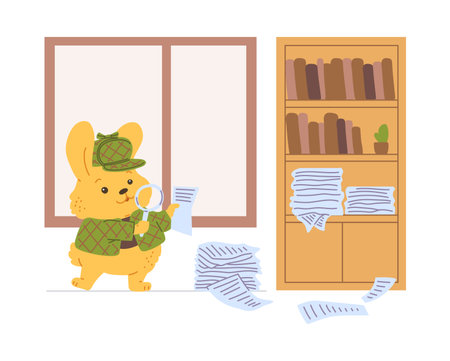 Vector illustration rabbit detective in a hat with a magnifying glass in search of evidenceのイラスト素材