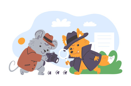 Detective fox and mouse with photo camera search the footprint, evidence, vector cartoon animal spy agent, investigatingのイラスト素材