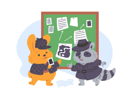 Vector illustrations hare and a raccoon in hats and coats examining a board with evidence.のイラスト素材