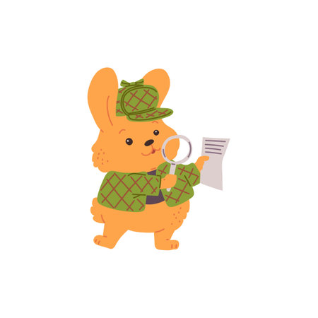 Detective hare animal with magnifying glass and search the document, vector cartoon bunny spy agent rabbit investigatingのイラスト素材
