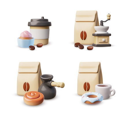 3d takeaway latte cup, paper bag with coffee beans and sweets.のイラスト素材