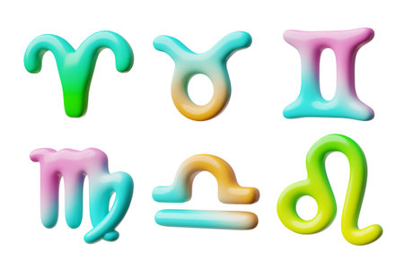 3d illustration of a set of cartoon zodiac signs with a multicolored gradient texture.のイラスト素材