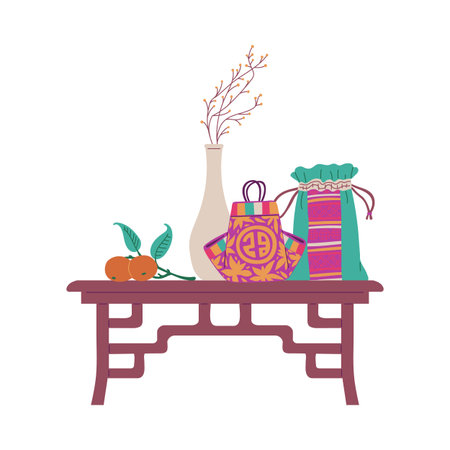 Korean lucky bags vector composition with vase and mandarin on the table, traditional Asian purses for gifts on holidayのイラスト素材