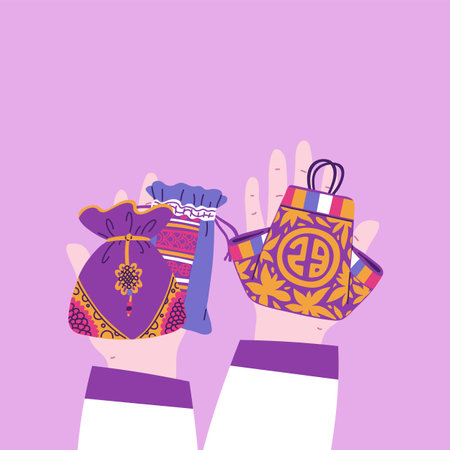 Vector illustration with hands holding beautiful Korean luckybags with images of traditional ornaments.のイラスト素材