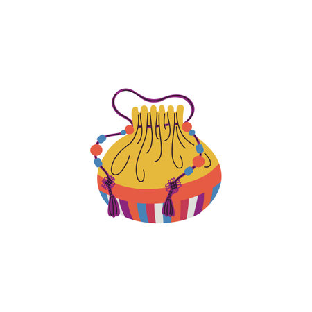 Korean lucky bag decorated with tassels and beads, vector traditional Asian purse for gifts on oriental lunar holidayのイラスト素材