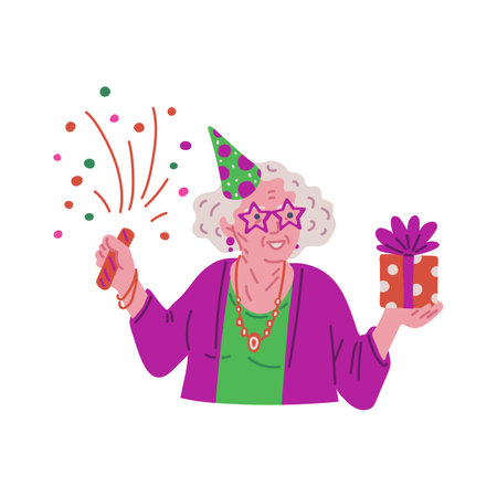 Joyful old lady in festive decorations with firecracker and gift box, vector cartoon grandmother celebrate birthdayのイラスト素材
