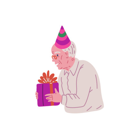 Happy old man in festive hat holds gift box, vector cartoon grandfather celebrate birthday, elderly man enjoy holidayのイラスト素材